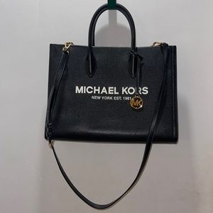 Authentic Michael Kors Black White Mirella Medium Leather Tote Bag